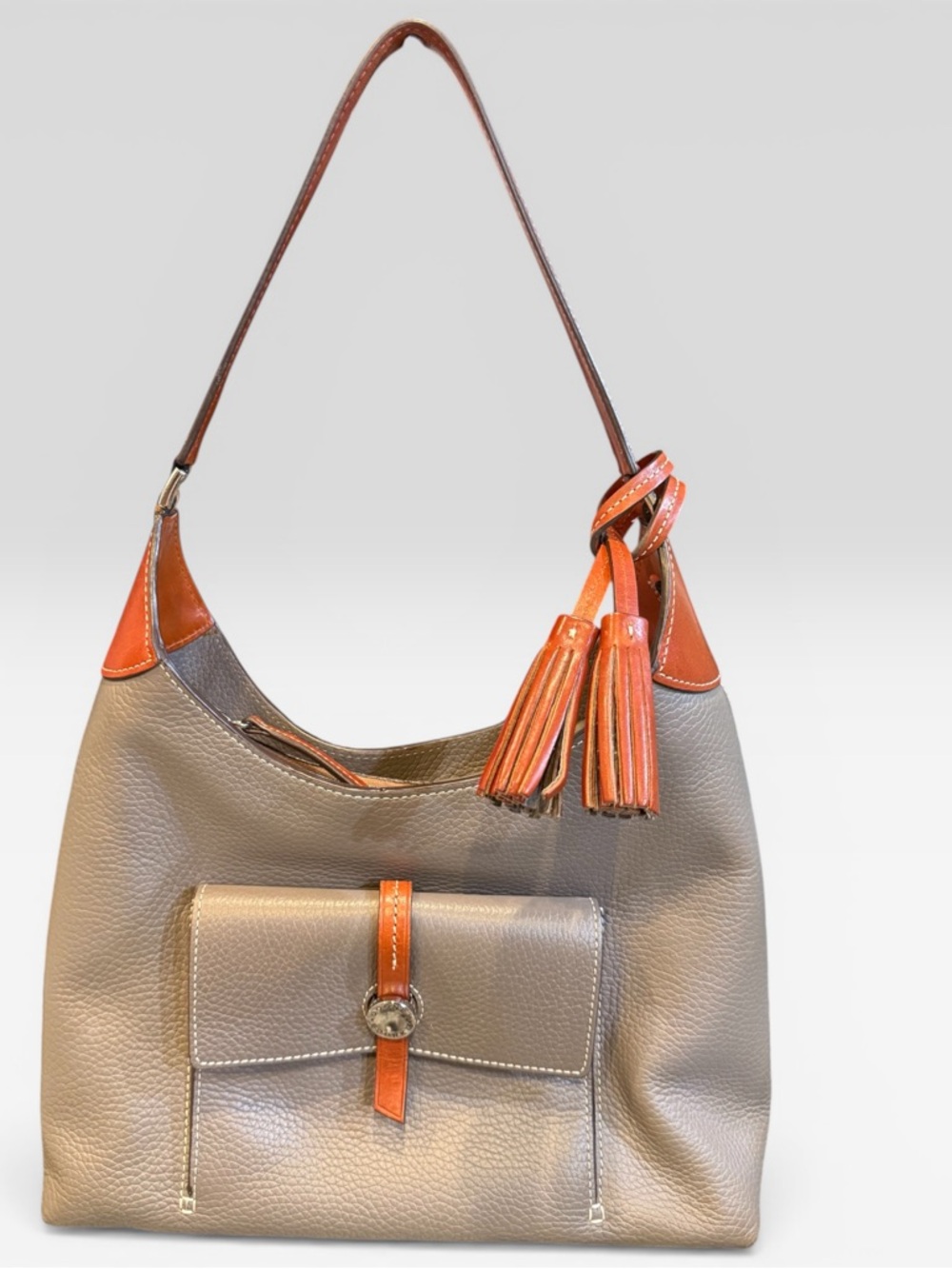 Dooney & Bourke Cambridge Tasseled Pebble Leather Hobo Elephant Gray Brown